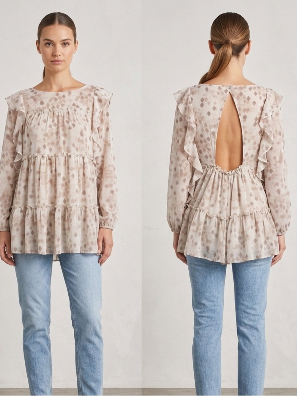 Entro Tiered Ruffle Open-Back Tunic Blouse - Cream Spot